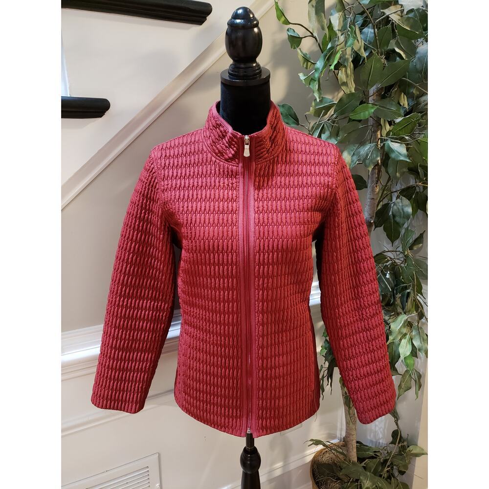 Tweed Jacket Women's Size Large Red 100% Polyester‎ Zipper Long Sleeves